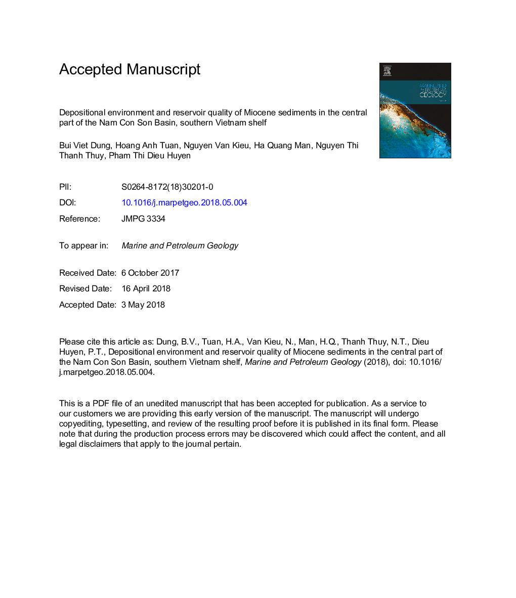 عکس صفحه اول مقاله: Depositional environment and reservoir quality of Miocene sediments in the central part of the Nam Con Son Basin, southern Vietnam shelf Depositional environment and reservoir quality of Miocene sediments in the central part of the Nam Con Son Basin, southern Vietnam shelf