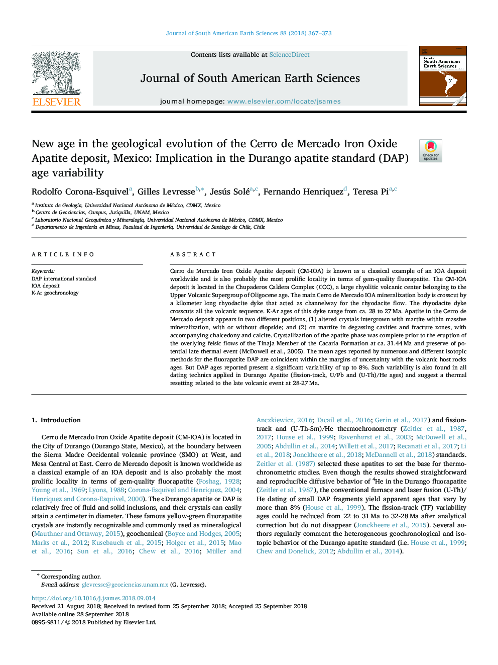 New age in the geological evolution of the Cerro de Mercado Iron Oxide Apatite deposit, Mexico: Implication in the Durango apatite standard (DAP) age variability