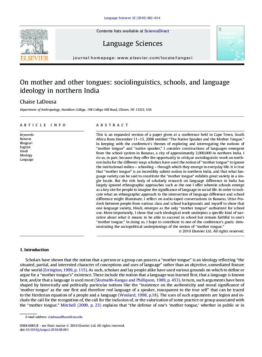 On mother and other tongues: sociolinguistics, schools, and language ideology in northern India
