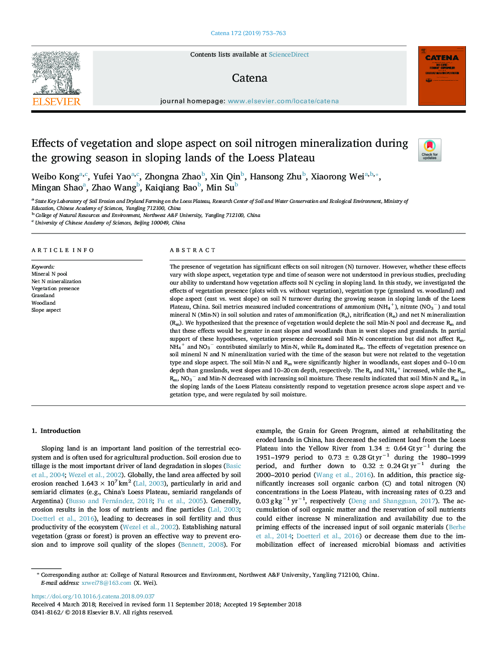 Effects of vegetation and slope aspect on soil nitrogen mineralization during the growing season in sloping lands of the Loess Plateau