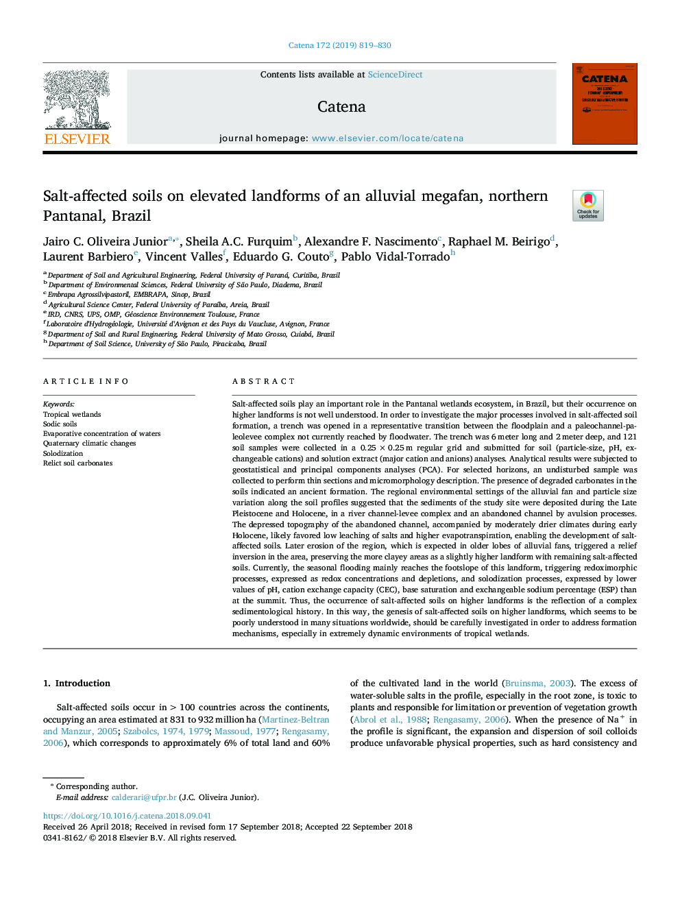 Salt-affected soils on elevated landforms of an alluvial megafan, northern Pantanal, Brazil