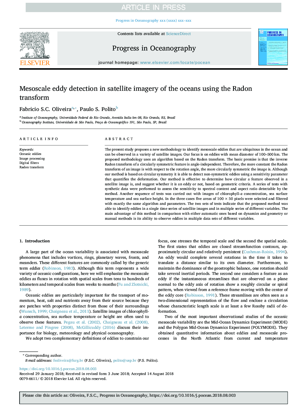 Mesoscale eddy detection in satellite imagery of the oceans using the Radon transform