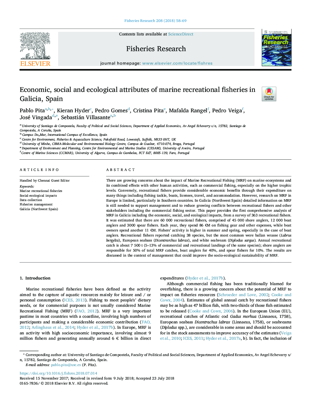 Economic, social and ecological attributes of marine recreational fisheries in Galicia, Spain