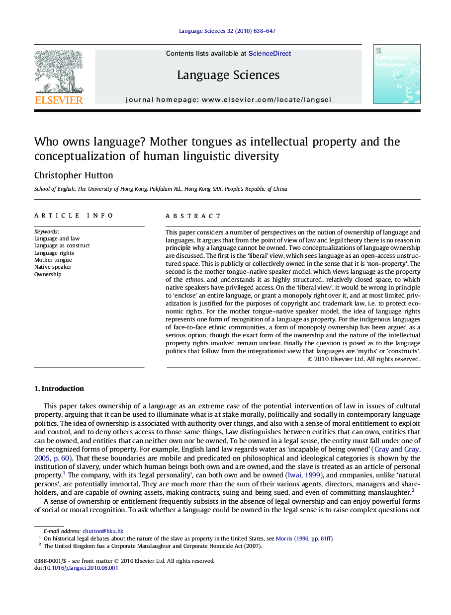 Who owns language? Mother tongues as intellectual property and the conceptualization of human linguistic diversity