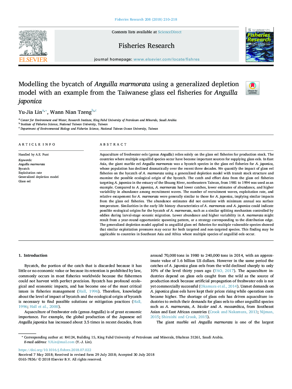 Modelling the bycatch of Anguilla marmorata using a generalized depletion model with an example from the Taiwanese glass eel fisheries for Anguilla japonica