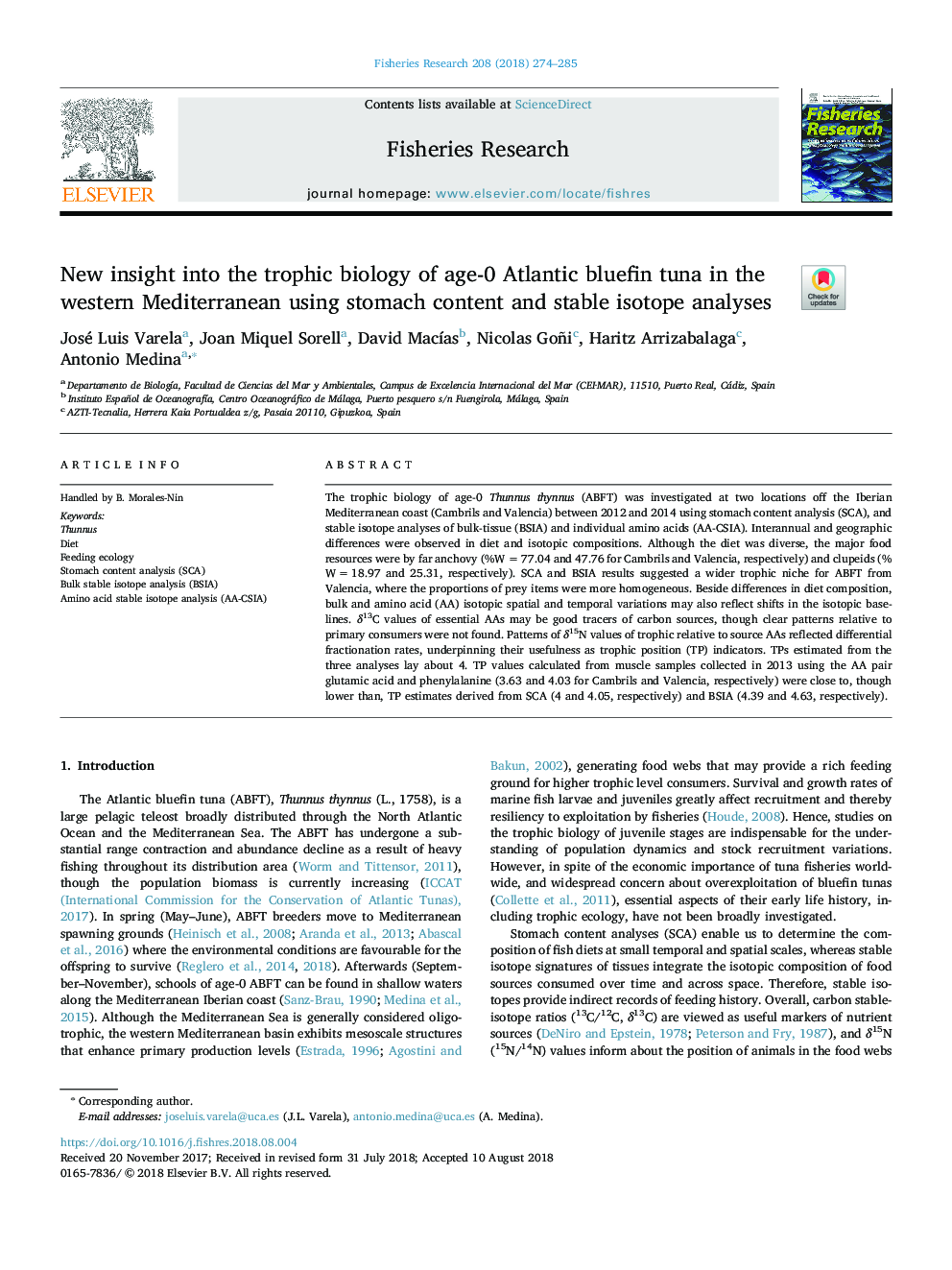 New insight into the trophic biology of age-0 Atlantic bluefin tuna in the western Mediterranean using stomach content and stable isotope analyses