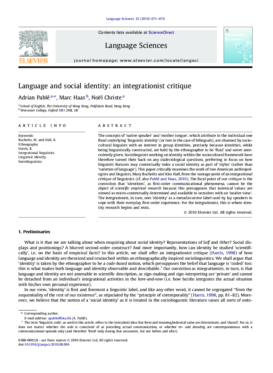 Language and social identity: an integrationist critique