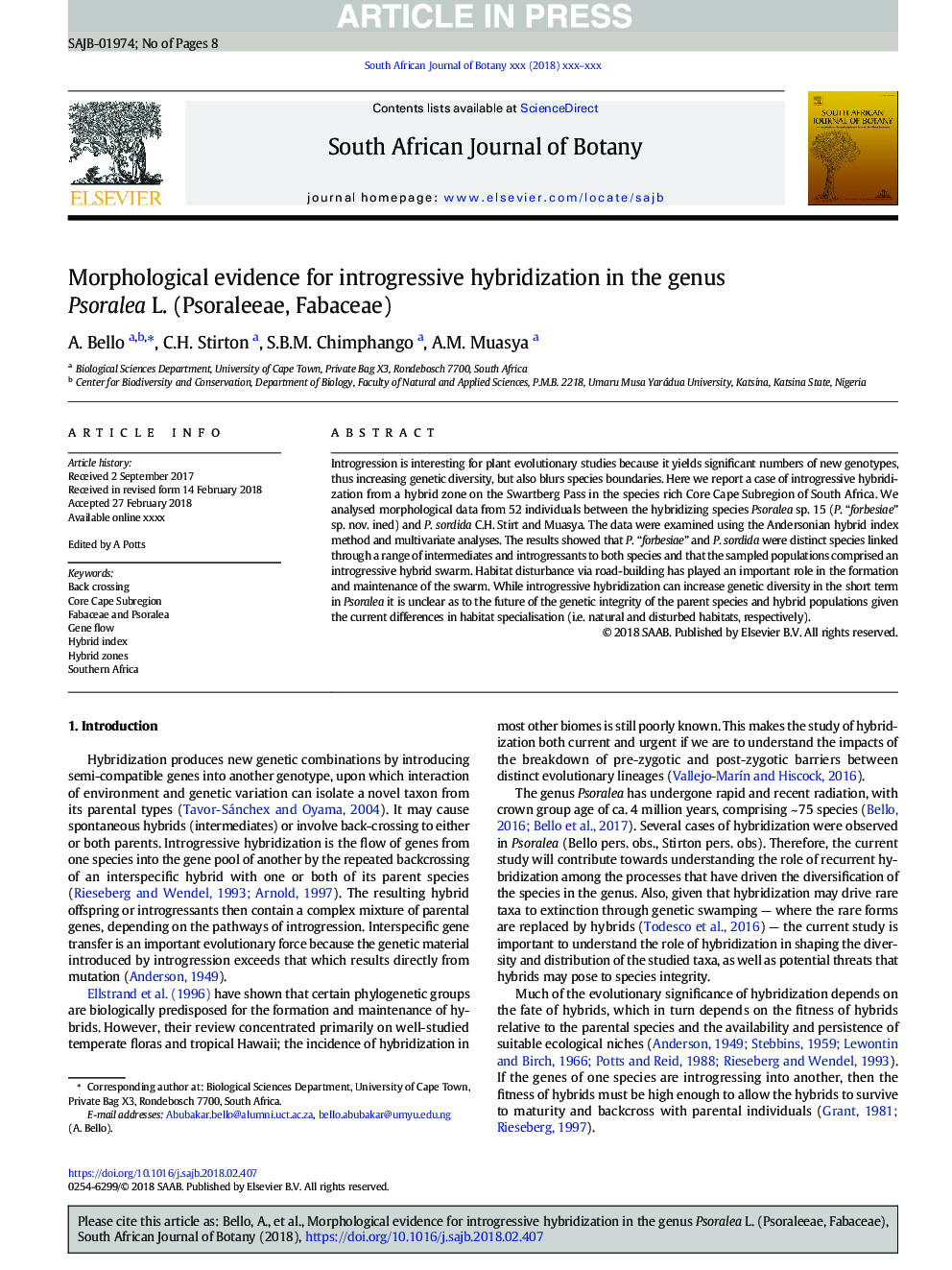 Morphological evidence for introgressive hybridization in the genus Psoralea L. (Psoraleeae, Fabaceae)