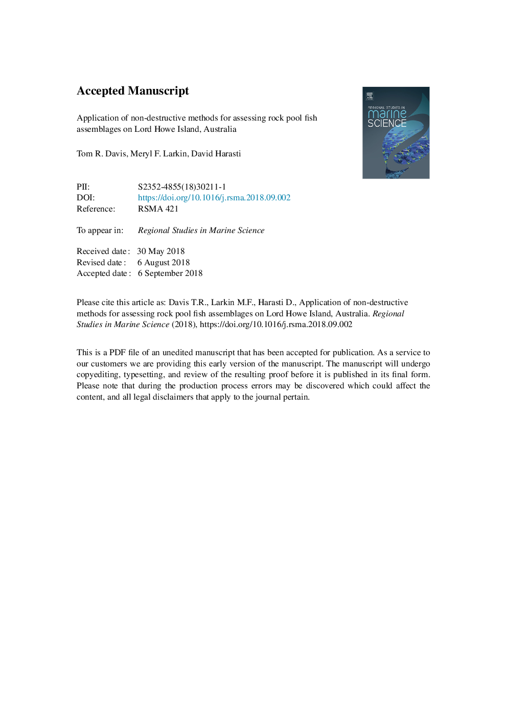 Application of non-destructive methods for assessing rock pool fish assemblages on Lord Howe Island, Australia