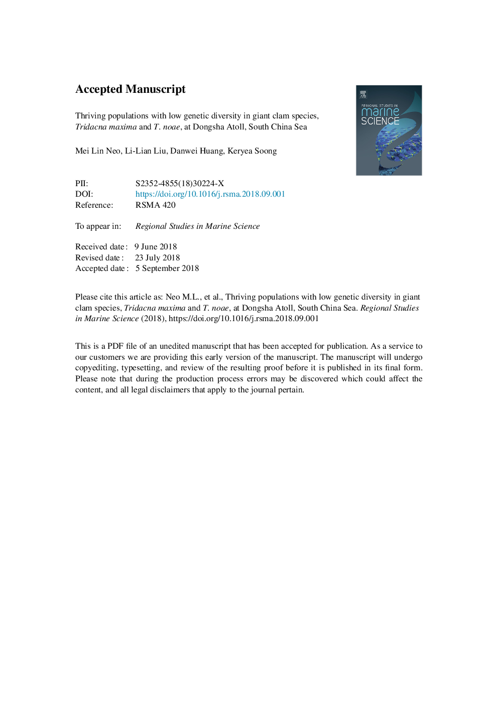 Thriving populations with low genetic diversity in giant clam species, Tridacna maxima and Tridacna noae, at Dongsha Atoll, South China Sea