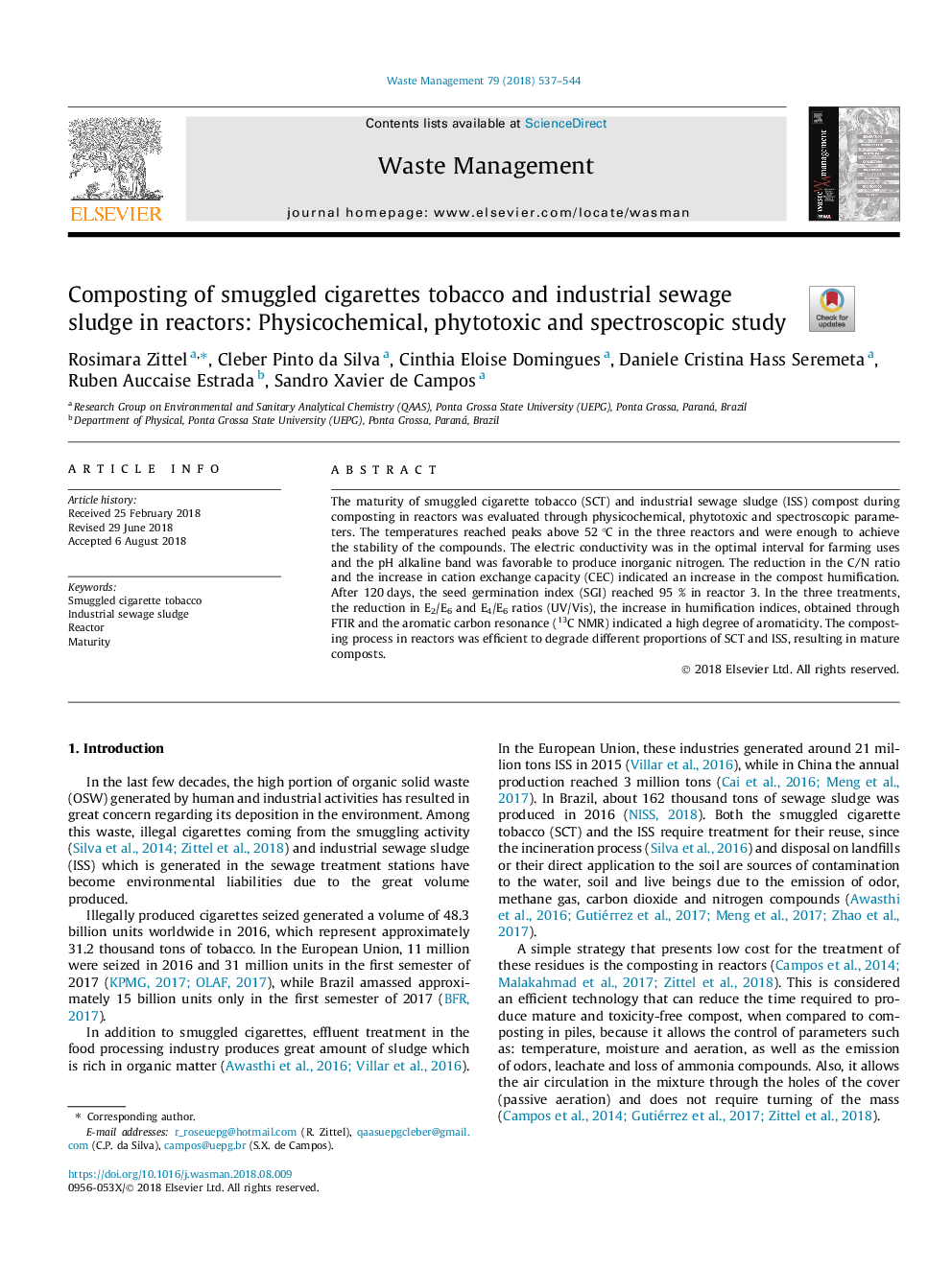 Composting of smuggled cigarettes tobacco and industrial sewage sludge in reactors: Physicochemical, phytotoxic and spectroscopic study