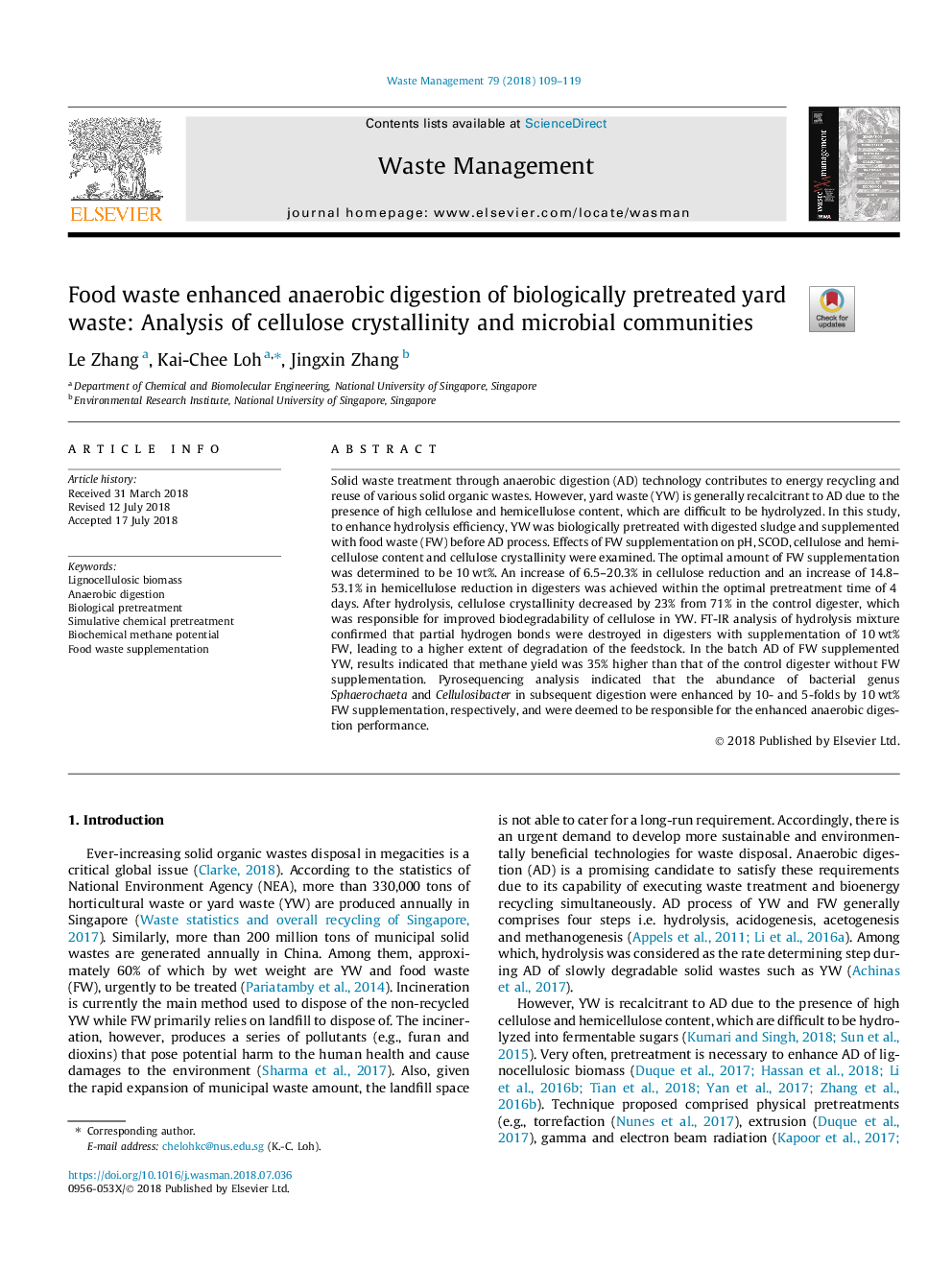 Food waste enhanced anaerobic digestion of biologically pretreated yard waste: Analysis of cellulose crystallinity and microbial communities