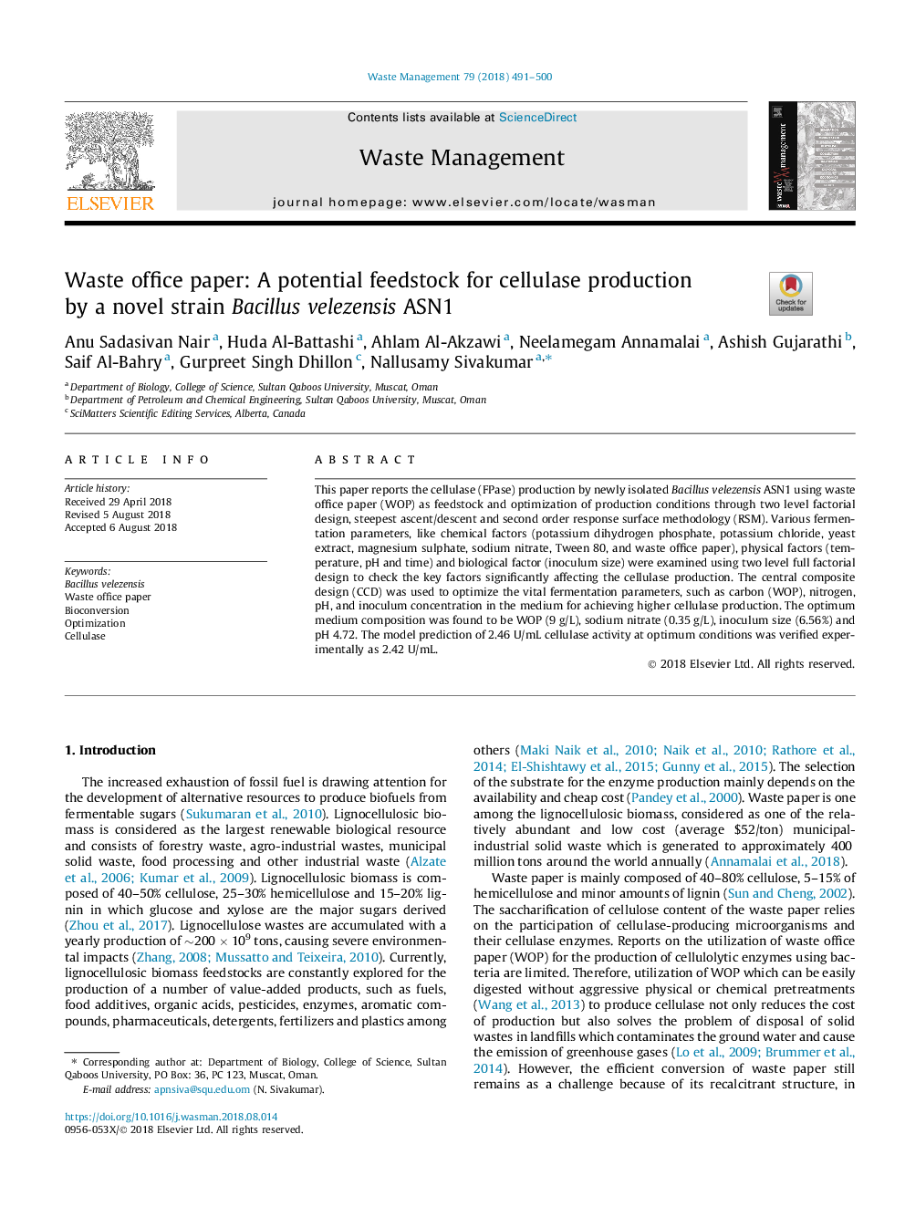 Waste office paper: A potential feedstock for cellulase production by a novel strain Bacillus velezensis ASN1