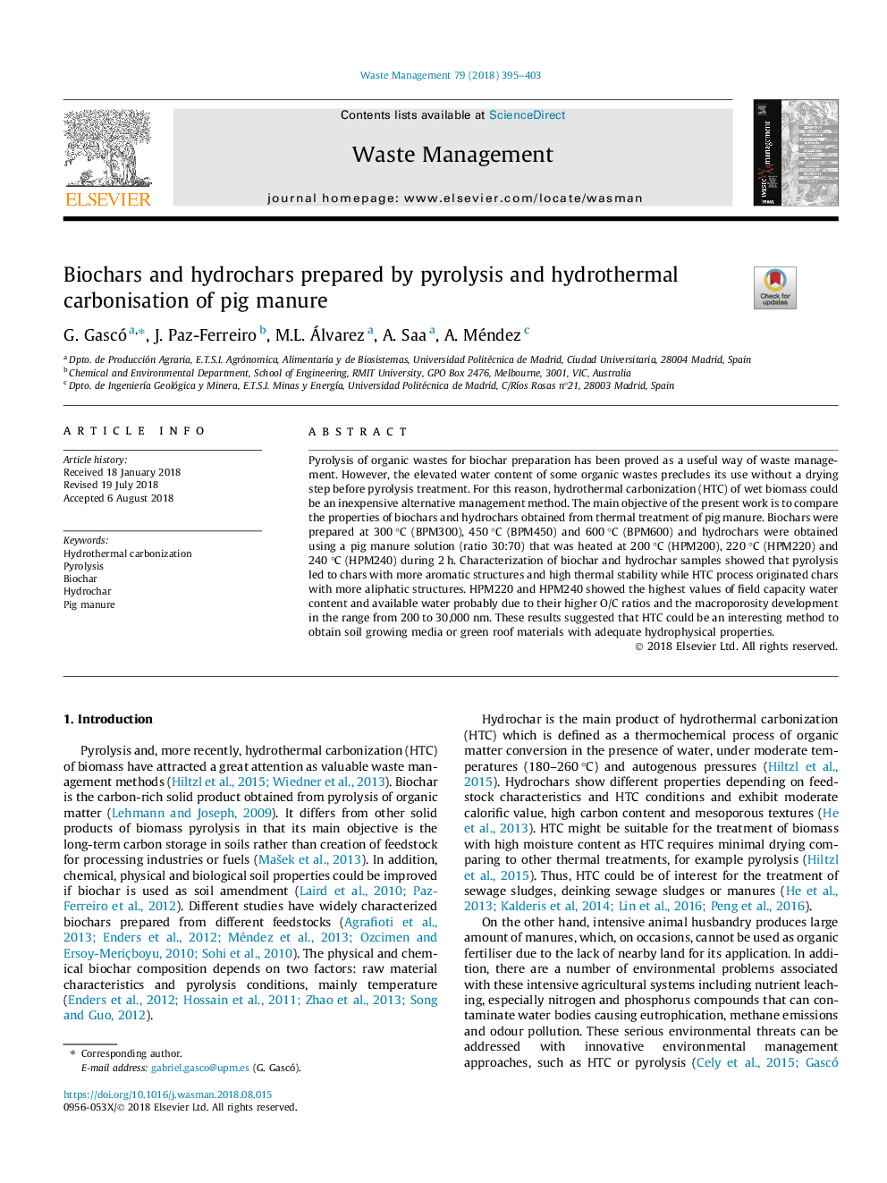 Biochars and hydrochars prepared by pyrolysis and hydrothermal carbonisation of pig manure