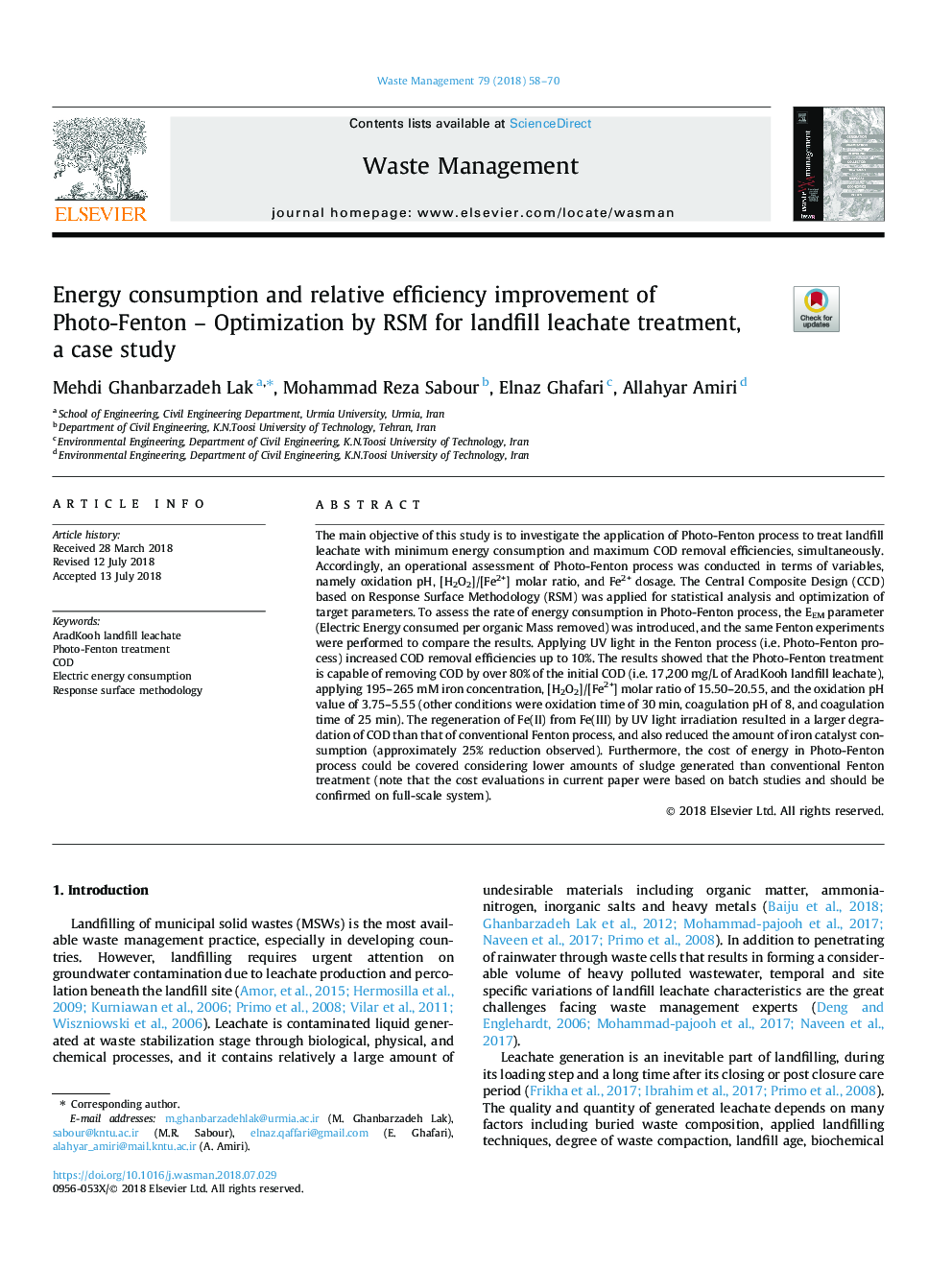 Energy consumption and relative efficiency improvement of Photo-Fenton - Optimization by RSM for landfill leachate treatment, a case study