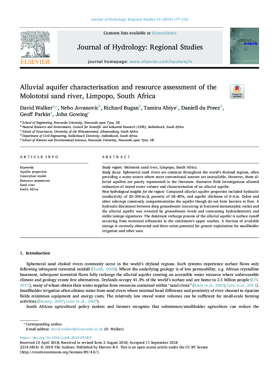 Alluvial aquifer characterisation and resource assessment of the Molototsi sand river, Limpopo, South Africa