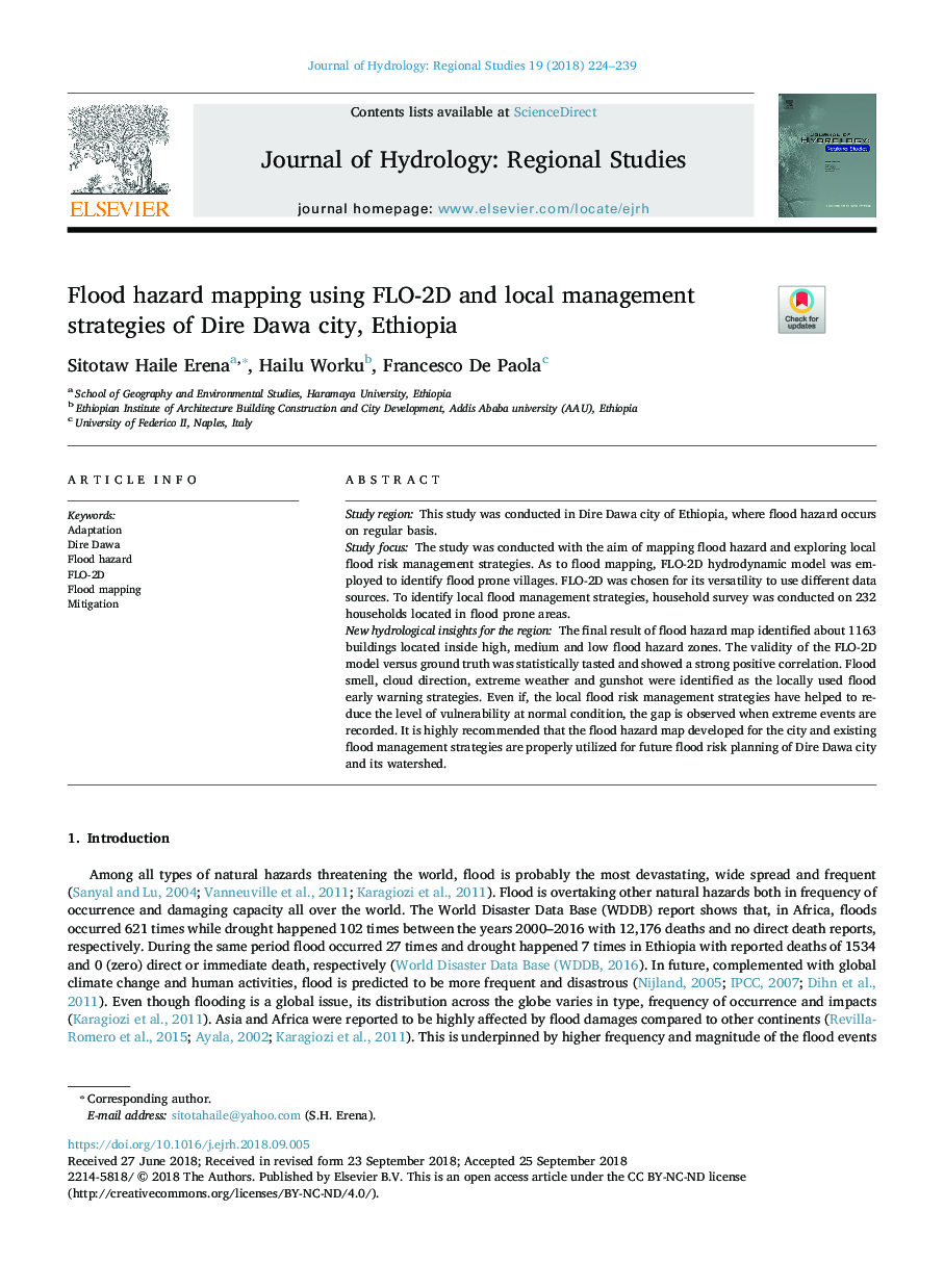 Flood hazard mapping using FLO-2D and local management strategies of Dire Dawa city, Ethiopia