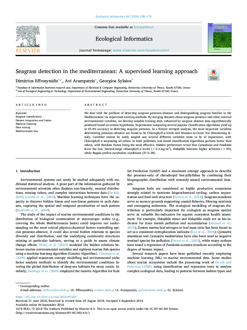 Seagrass detection in the mediterranean: A supervised learning approach