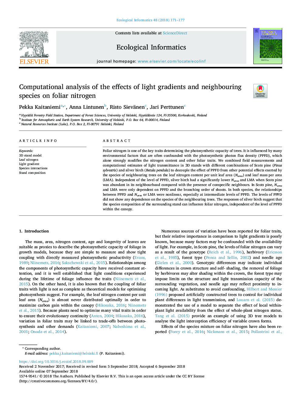 Computational analysis of the effects of light gradients and neighbouring species on foliar nitrogen