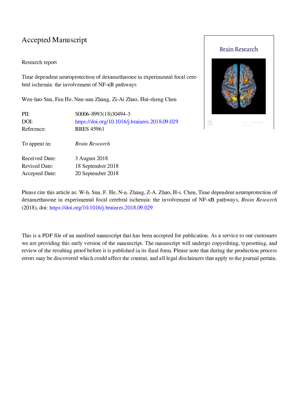 Time dependent neuroprotection of dexamethasone in experimental focal cerebral ischemia: The involvement of NF-ÎºB pathways