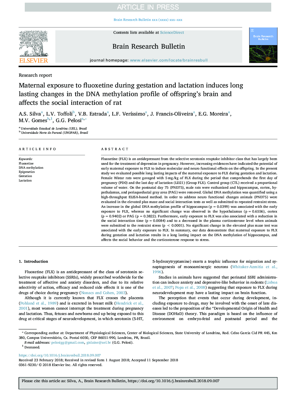 Maternal exposure to fluoxetine during gestation and lactation induces long lasting changes in the DNA methylation profile of offspring's brain and affects the social interaction of rat