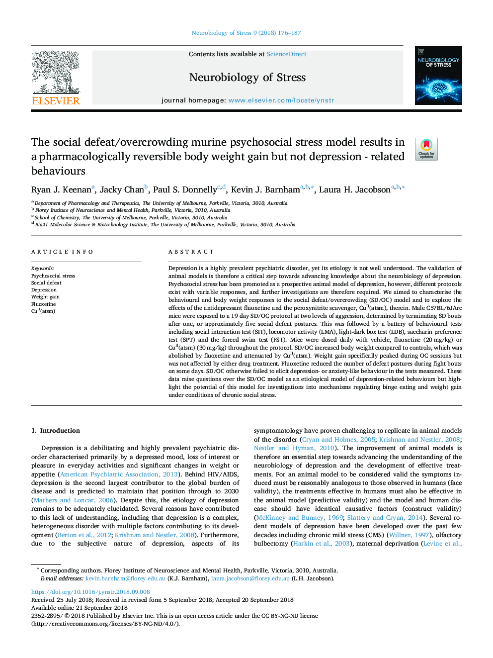 The social defeat/overcrowding murine psychosocial stress model results in a pharmacologically reversible body weight gain but not depression - related behaviours