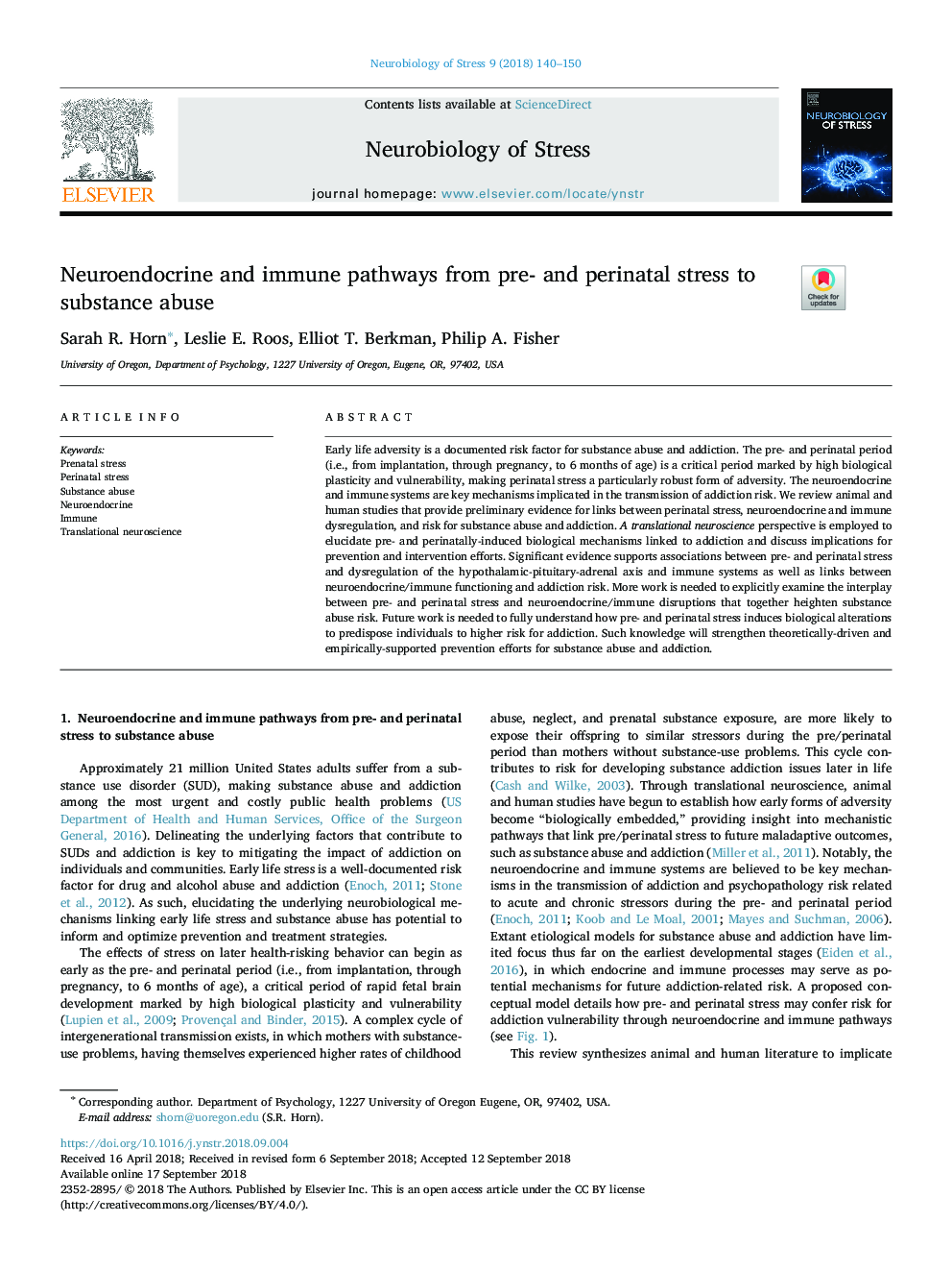 Neuroendocrine and immune pathways from pre- and perinatal stress to substance abuse