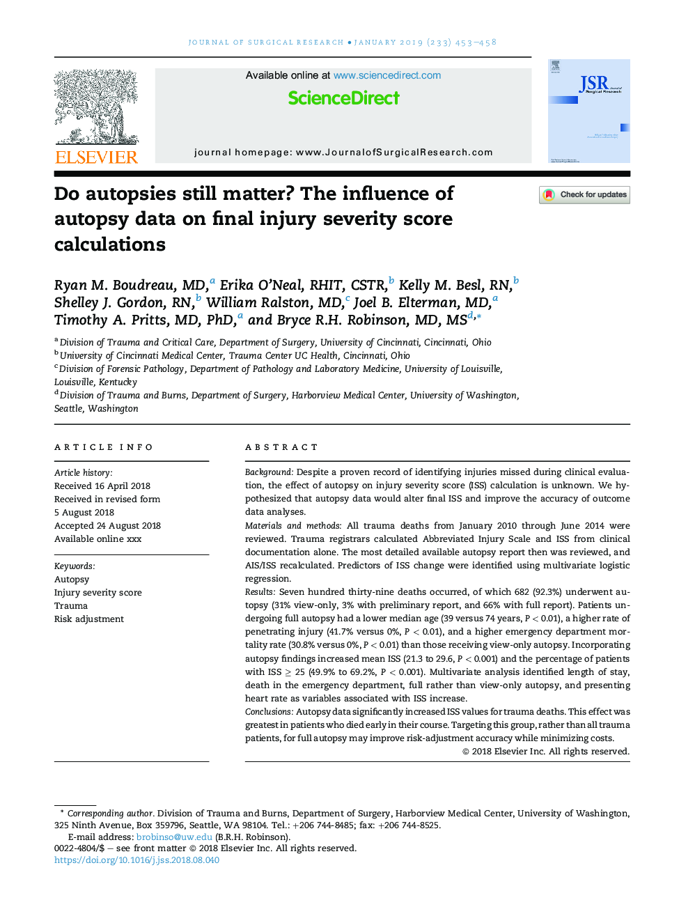Do autopsies still matter? The influence of autopsy data on final injury severity score calculations