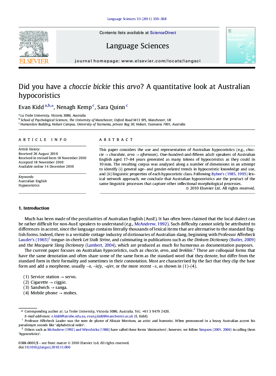 Did you have a choccie bickie this arvo? A quantitative look at Australian hypocoristics