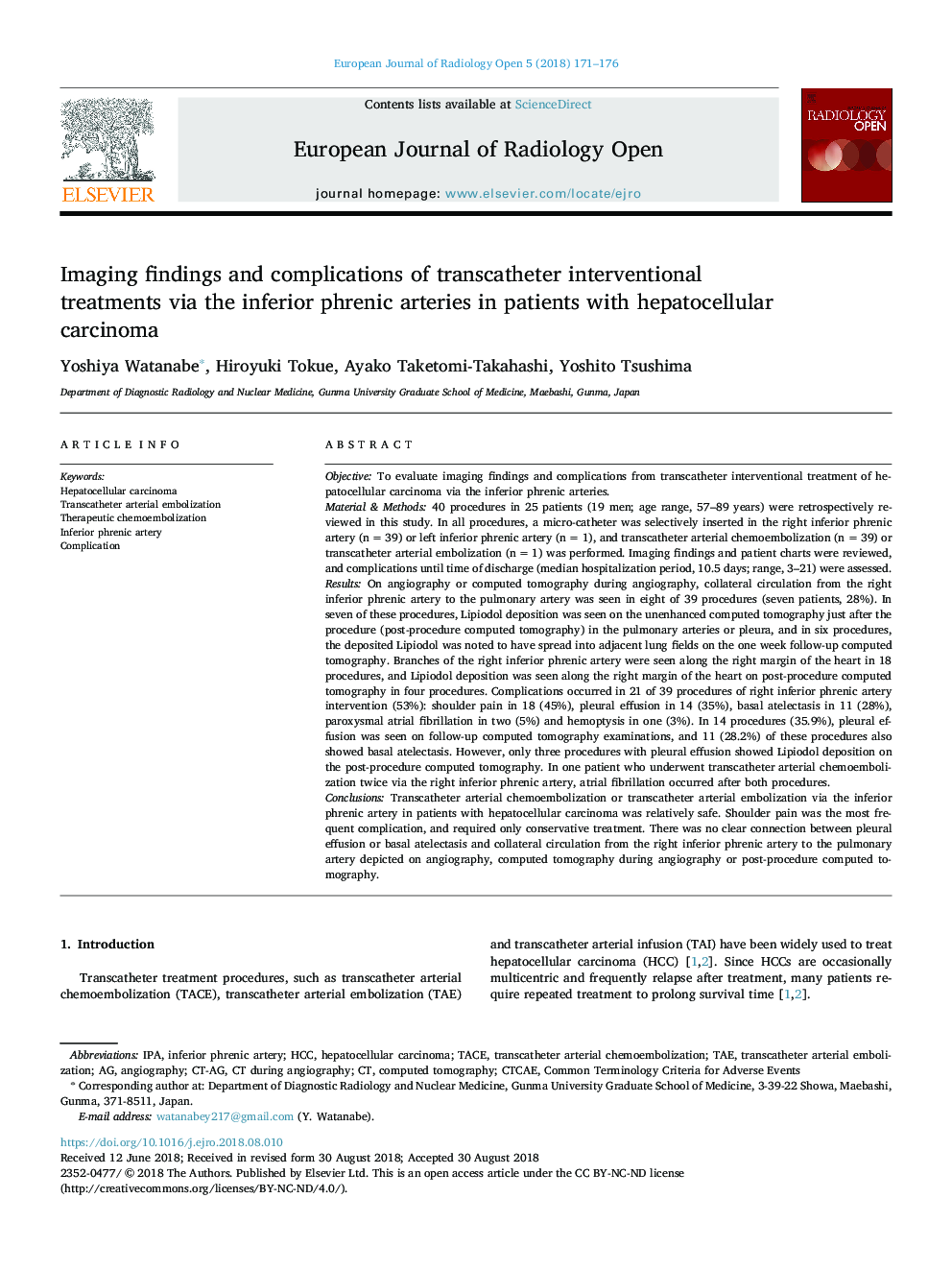 Imaging findings and complications of transcatheter interventional treatments via the inferior phrenic arteries in patients with hepatocellular carcinoma