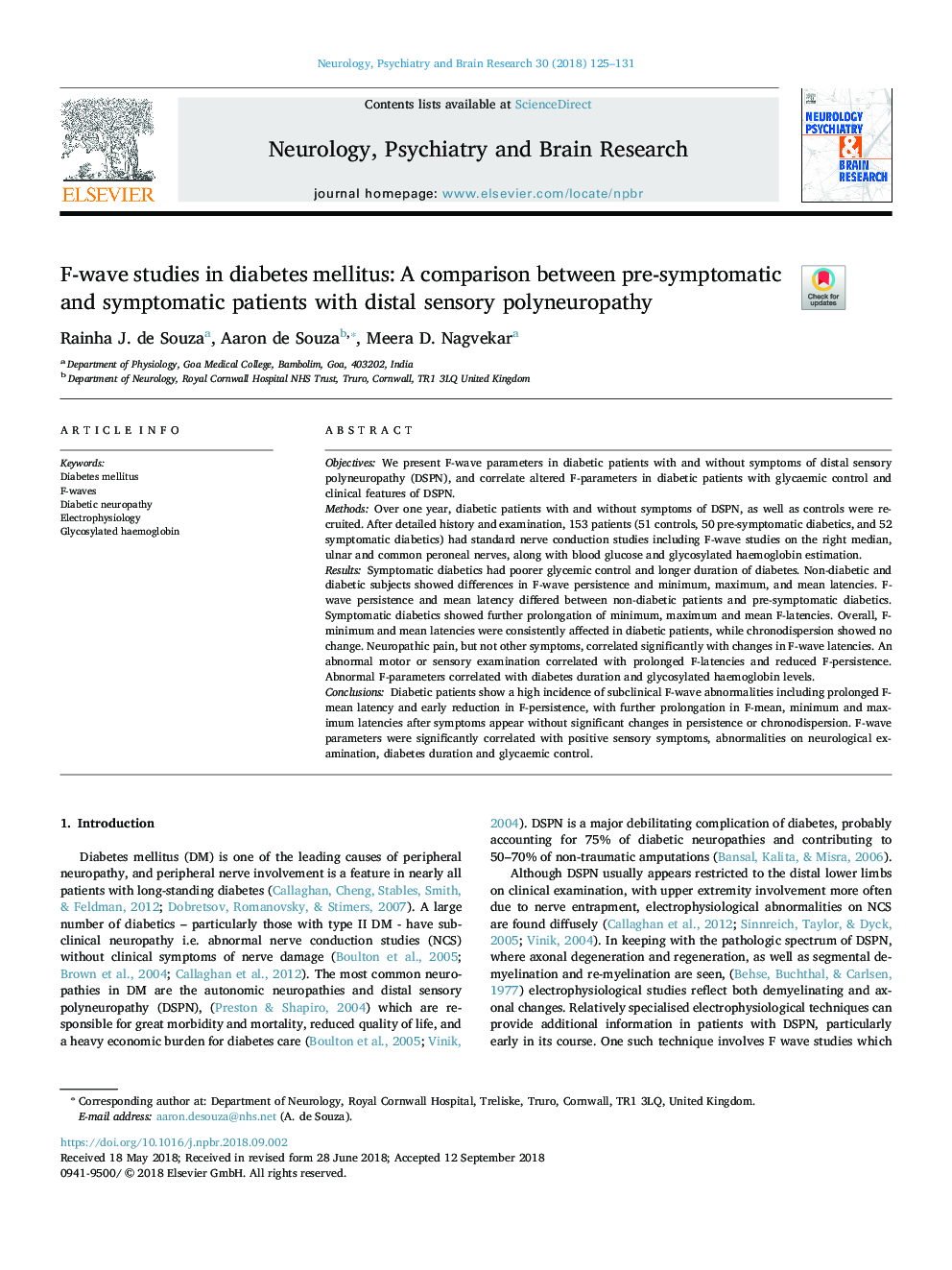 F-wave studies in diabetes mellitus: A comparison between pre-symptomatic and symptomatic patients with distal sensory polyneuropathy