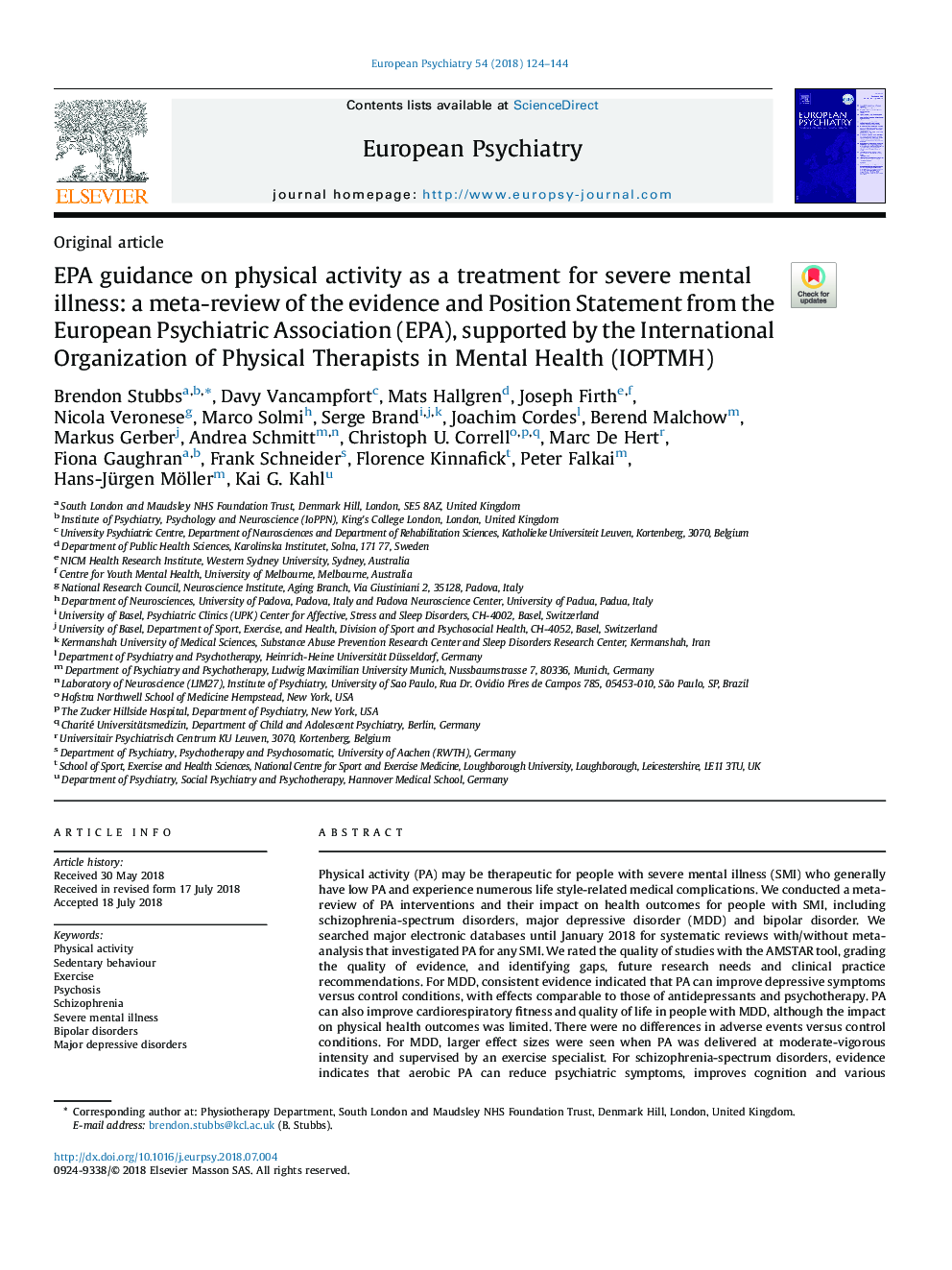 EPA guidance on physical activity as a treatment for severe mental illness: a meta-review of the evidence and Position Statement from the European Psychiatric Association (EPA), supported by the International Organization of Physical Therapists in Mental 