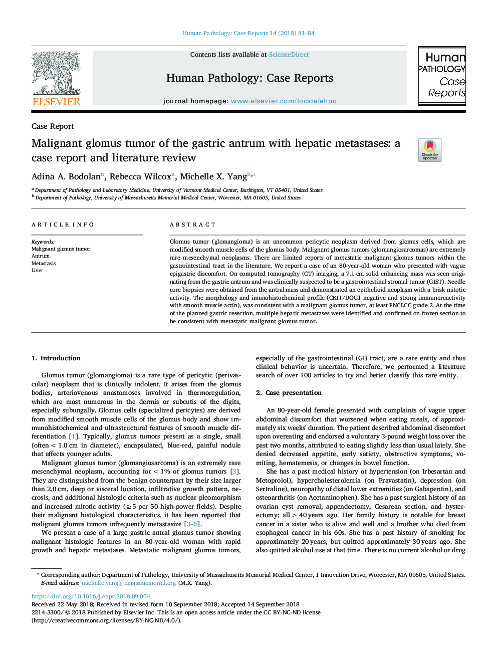 Malignant glomus tumor of the gastric antrum with hepatic metastases: a case report and literature review