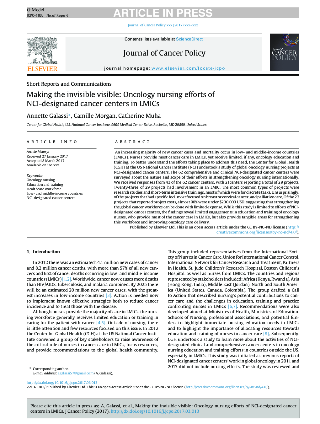 Making the invisible visible: Oncology nursing efforts of NCI-designated cancer centers in LMICs