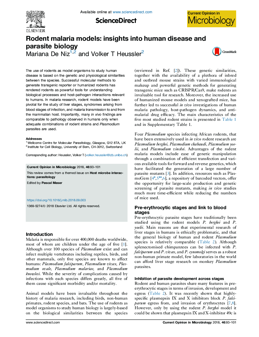 Rodent malaria models: insights into human disease and parasite biology