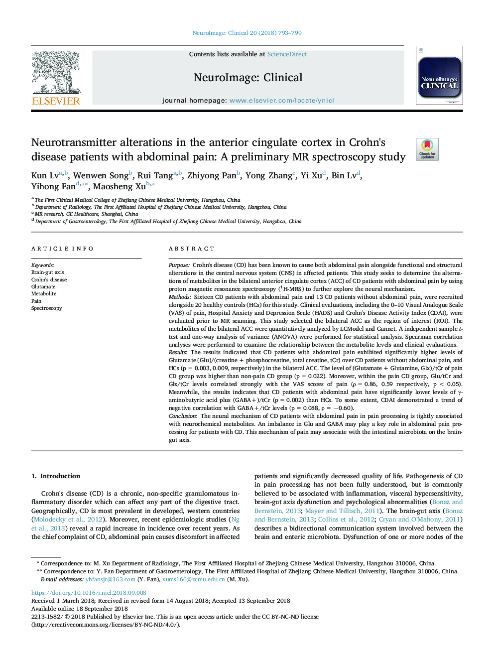 Neurotransmitter alterations in the anterior cingulate cortex in Crohn's disease patients with abdominal pain: A preliminary MR spectroscopy study