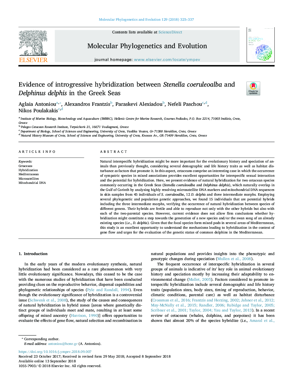 Evidence of introgressive hybridization between Stenella coeruleoalba and Delphinus delphis in the Greek Seas