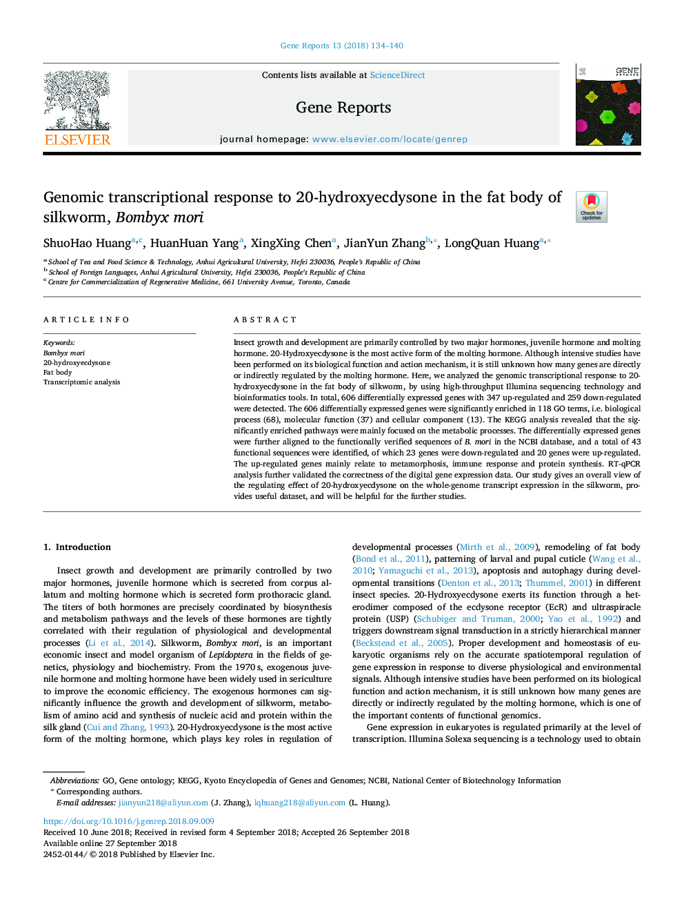 Genomic transcriptional response to 20-hydroxyecdysone in the fat body of silkworm, Bombyx mori