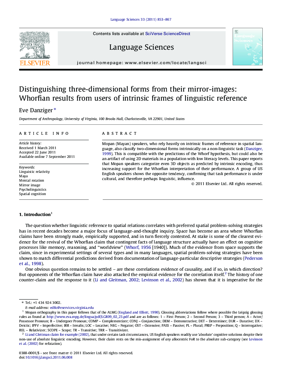 Distinguishing three-dimensional forms from their mirror-images: Whorfian results from users of intrinsic frames of linguistic reference