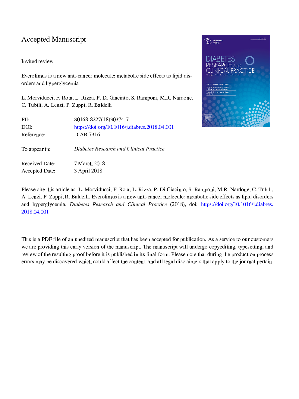 Everolimus is a new anti-cancer molecule: Metabolic side effects as lipid disorders and hyperglycemia