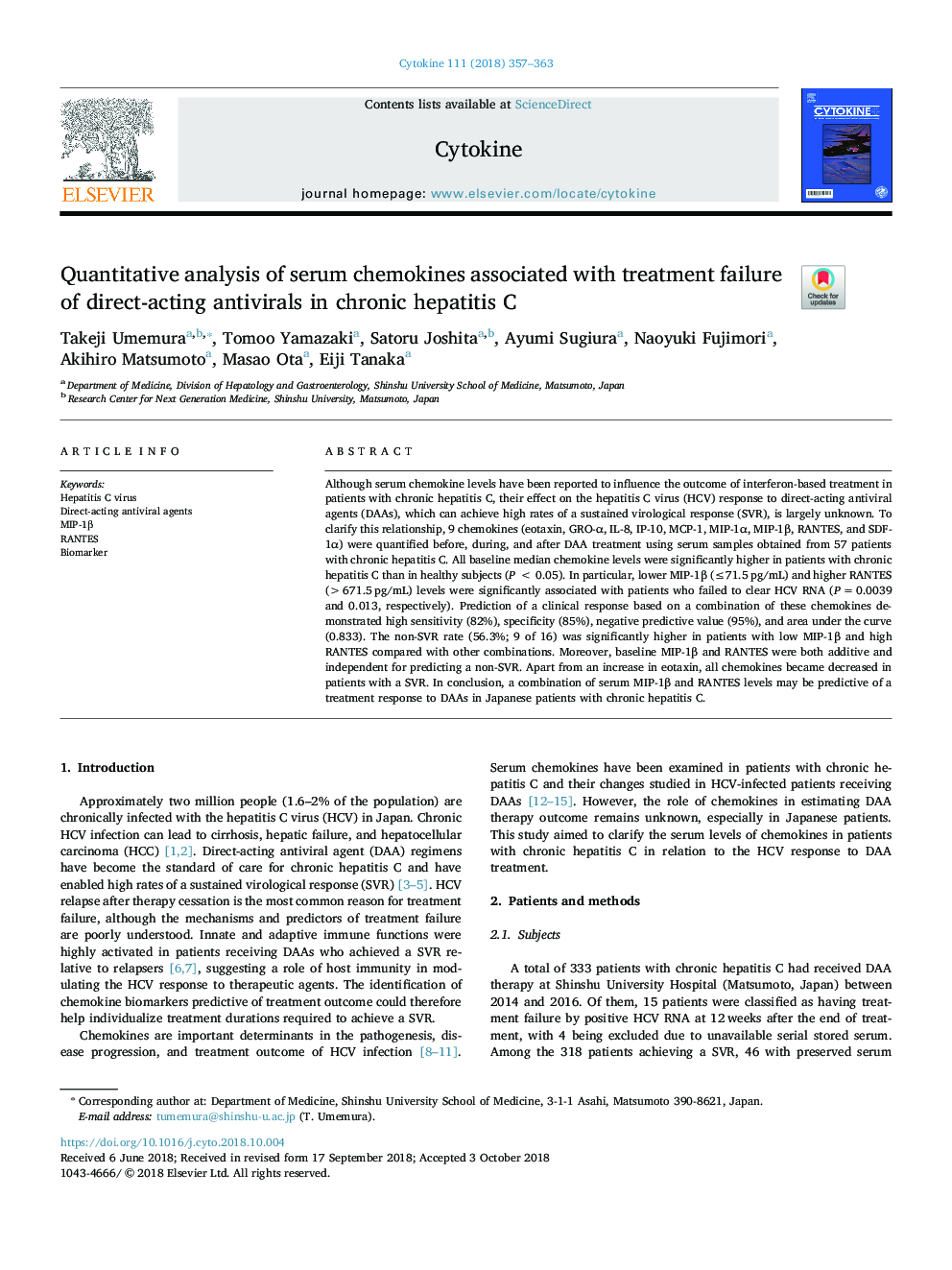 Quantitative analysis of serum chemokines associated with treatment failure of direct-acting antivirals in chronic hepatitis C