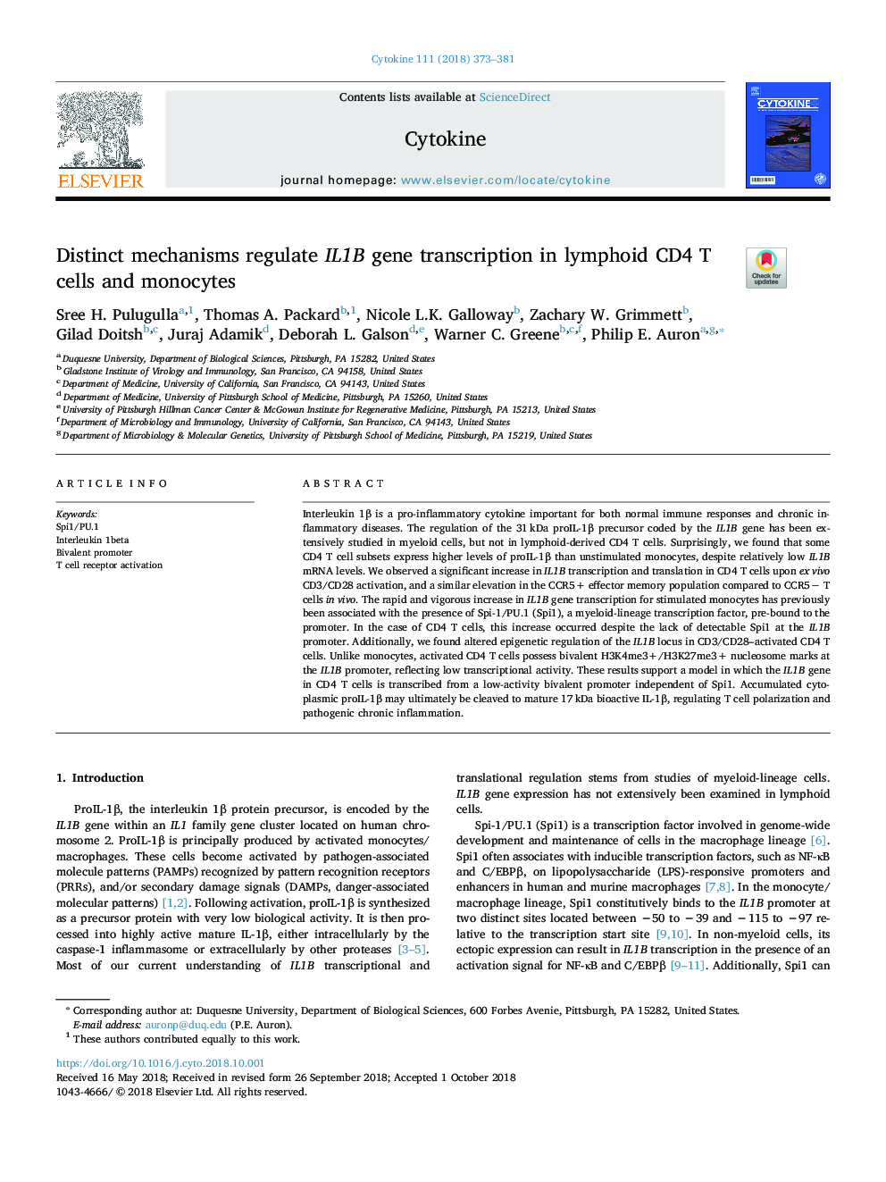 Distinct mechanisms regulate IL1B gene transcription in lymphoid CD4 T cells and monocytes