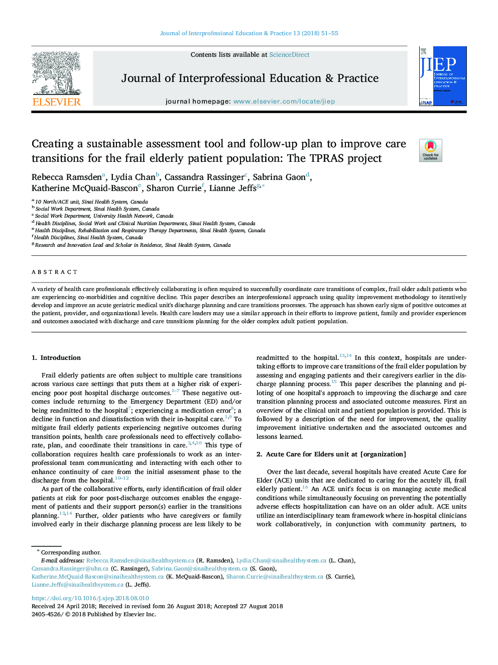 Creating a sustainable assessment tool and follow-up plan to improve care transitions for the frail elderly patient population: The TPRAS project