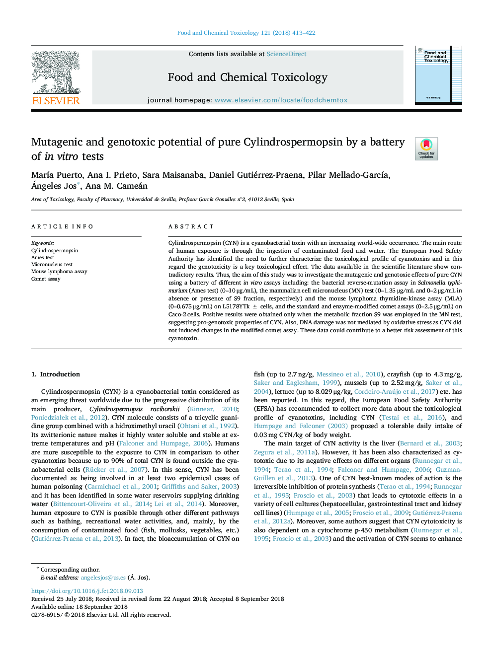 Mutagenic and genotoxic potential of pure Cylindrospermopsin by a battery of in vitro tests