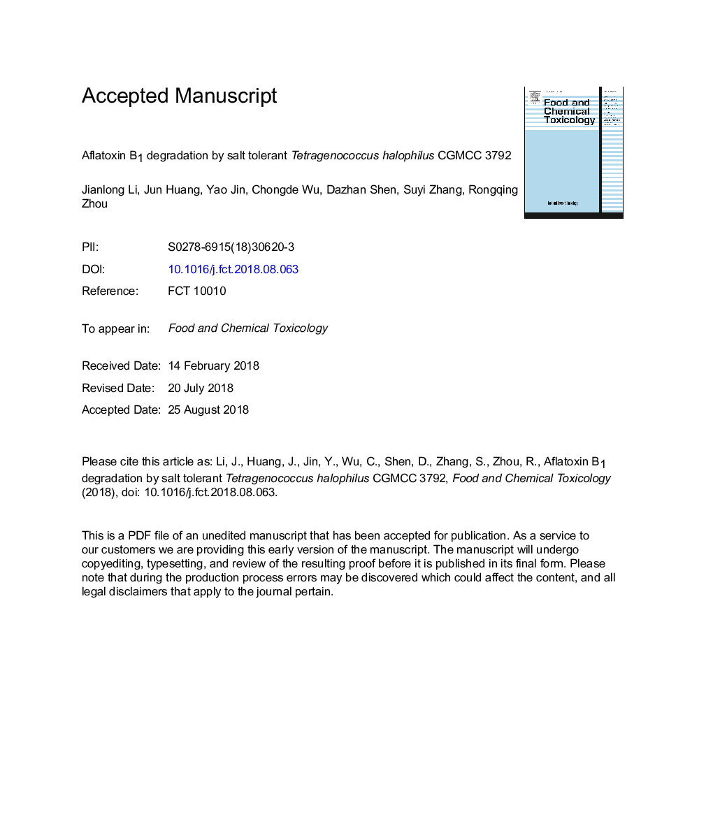 Aflatoxin B1 degradation by salt tolerant Tetragenococcus halophilus CGMCC 3792