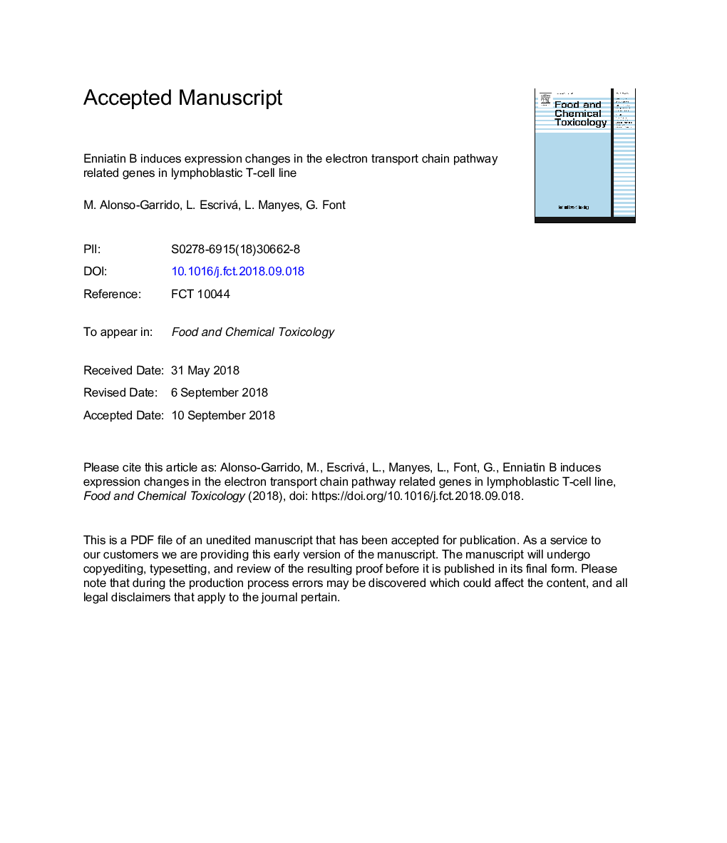 Enniatin B induces expression changes in the electron transport chain pathway related genes in lymphoblastic T-cell line