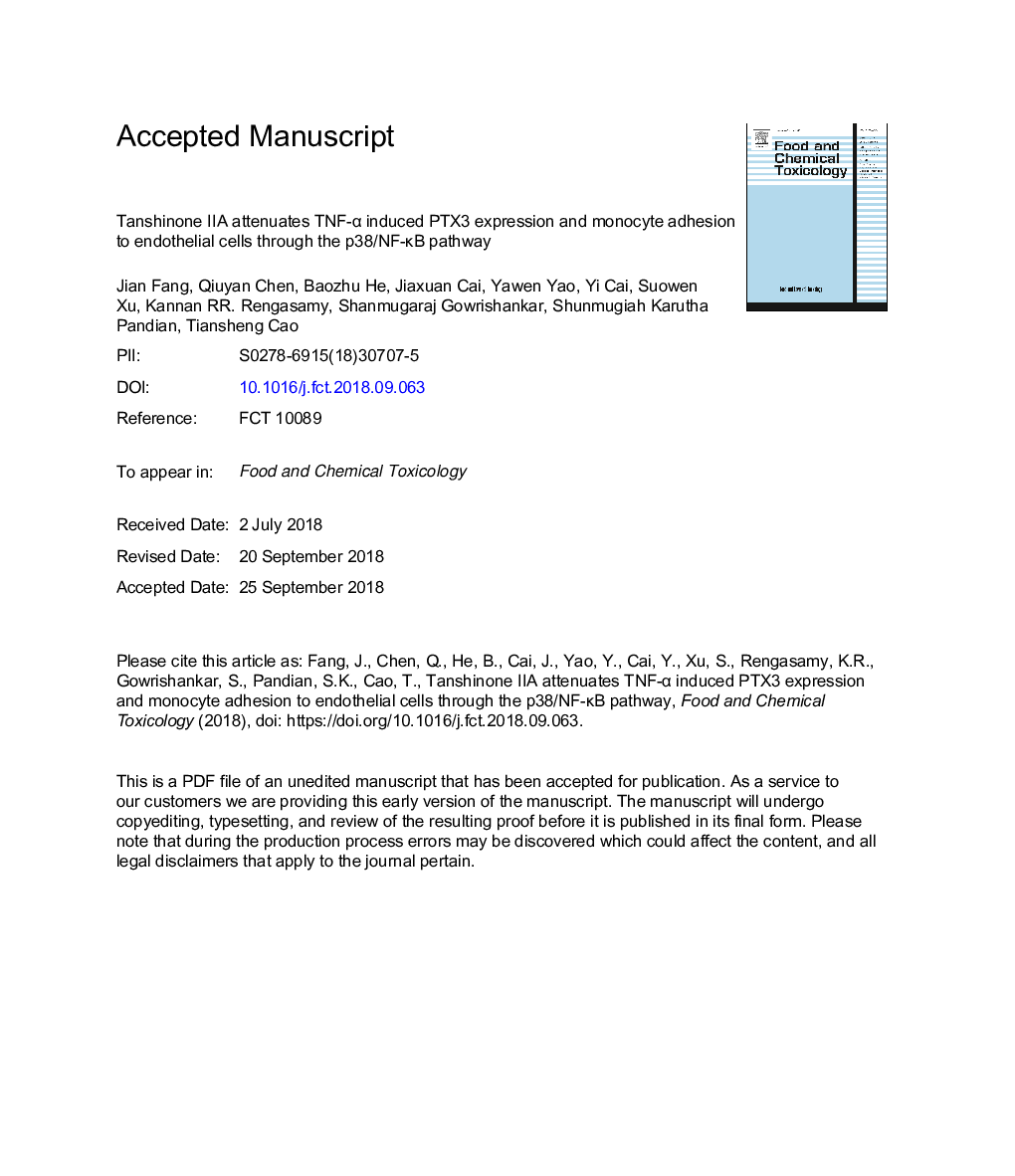 Tanshinone IIA attenuates TNF-Î± induced PTX3 expression and monocyte adhesion to endothelial cells through the p38/NF-ÎºB pathway