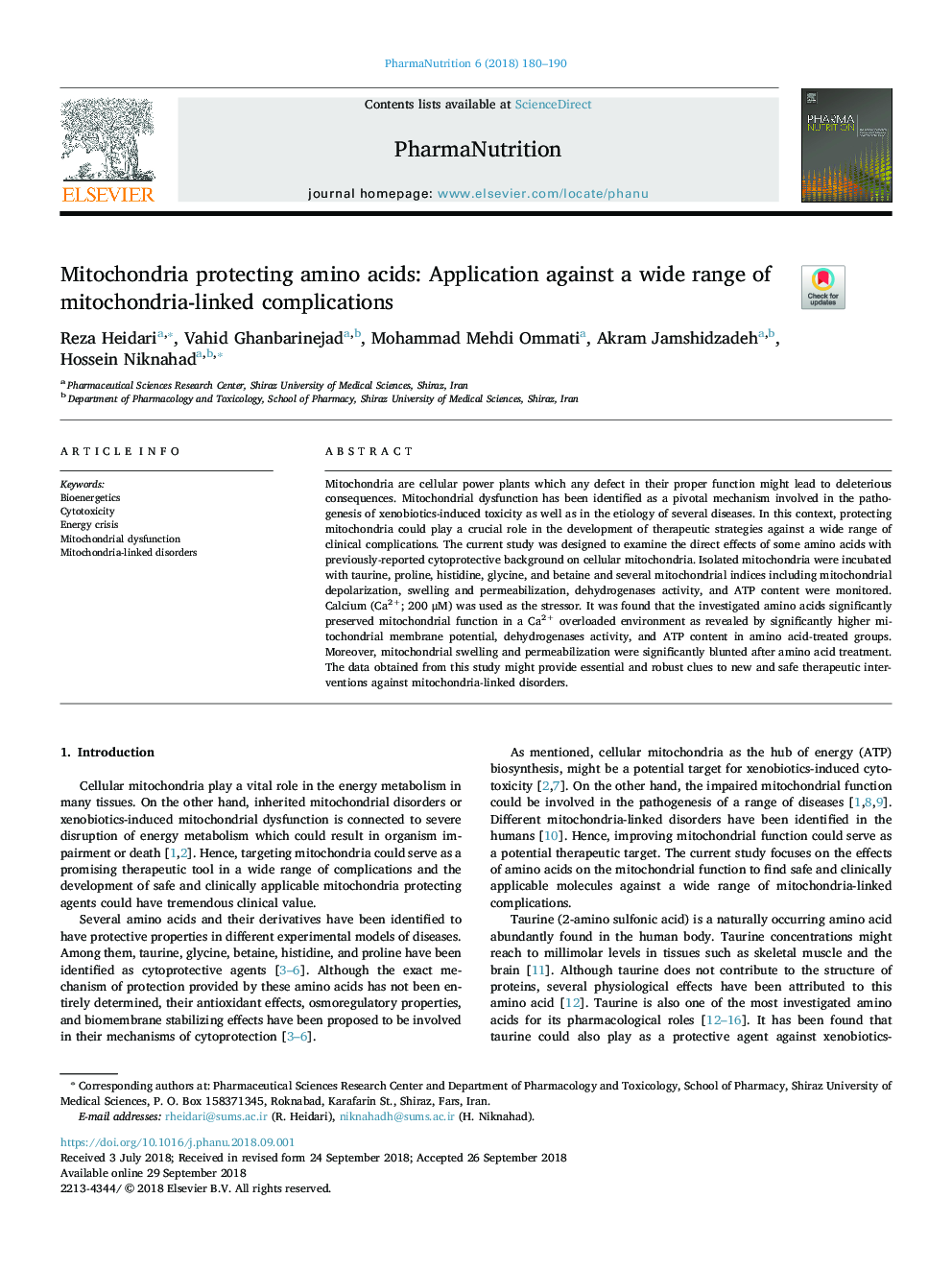 Mitochondria protecting amino acids: Application against a wide range of mitochondria-linked complications