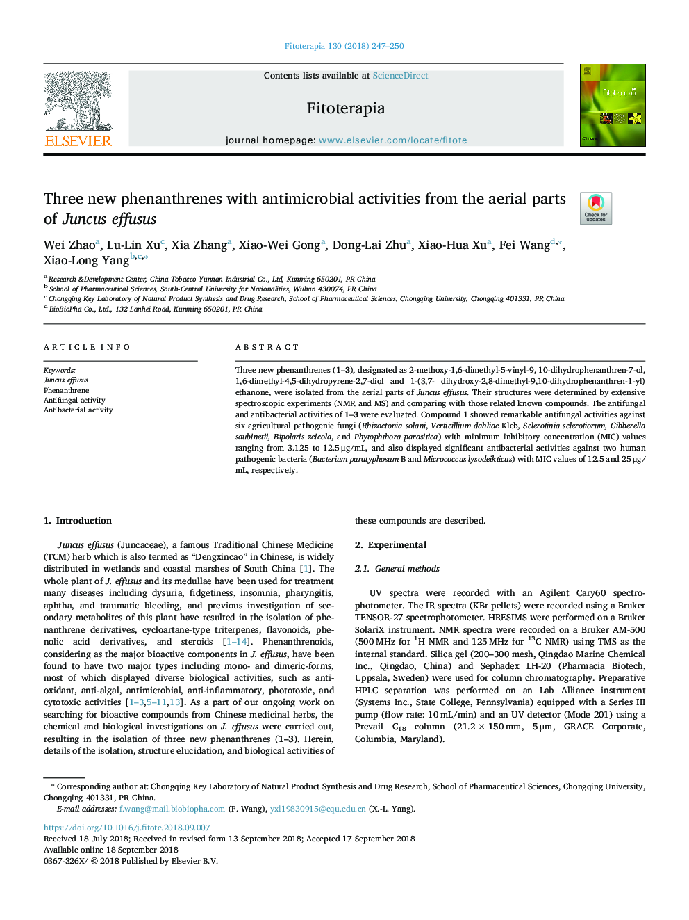 Three new phenanthrenes with antimicrobial activities from the aerial parts of Juncus effusus