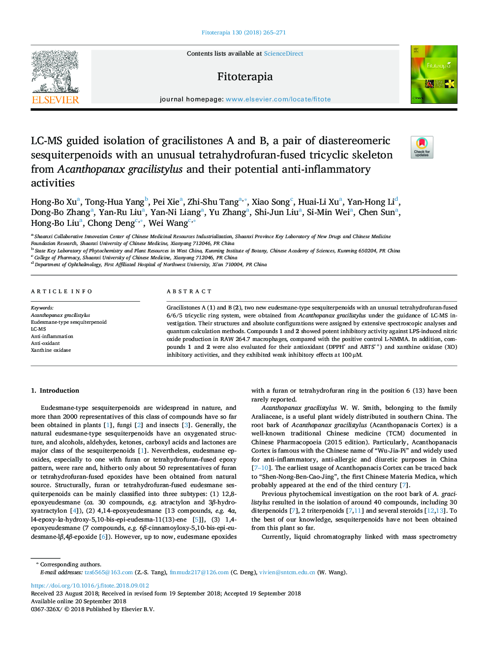 LC-MS guided isolation of gracilistones A and B, a pair of diastereomeric sesquiterpenoids with an unusual tetrahydrofuran-fused tricyclic skeleton from Acanthopanax gracilistylus and their potential anti-inflammatory activities